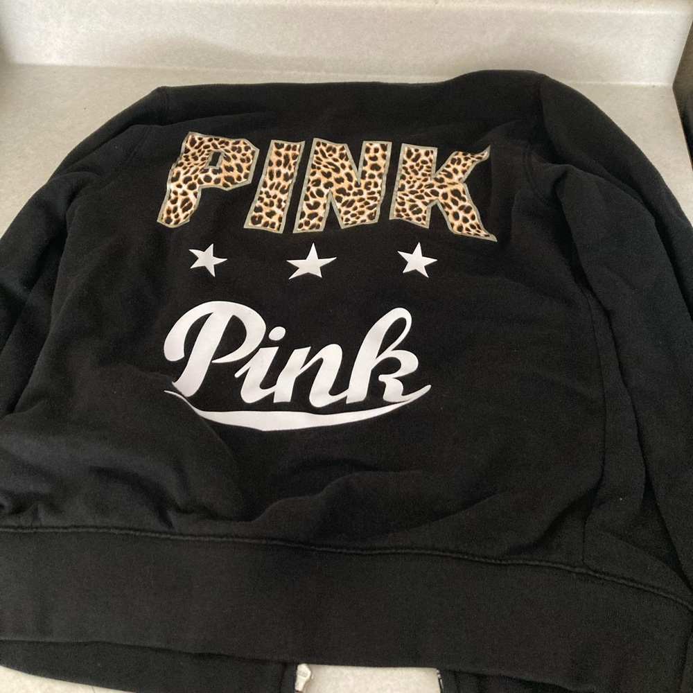 Victoria’s Secret PINK small black zip up jacket with leopard logo